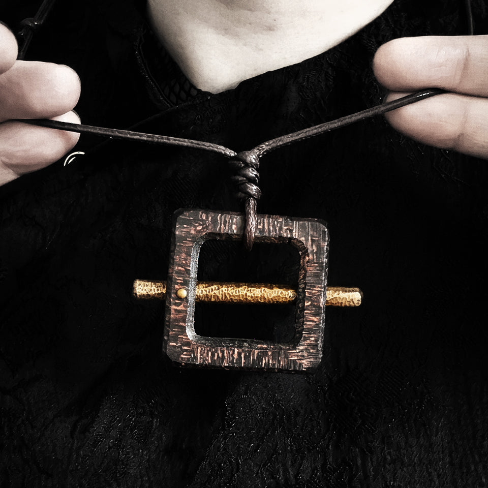 Square Ebony Wood with Brass Bar - Pendant